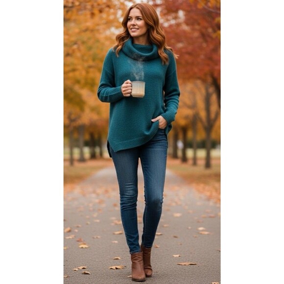 Women’s Teal Cowl Neck Oversized Sweater Quiet Luxury Winter Minimalist Size Med - Picture 2 of 9